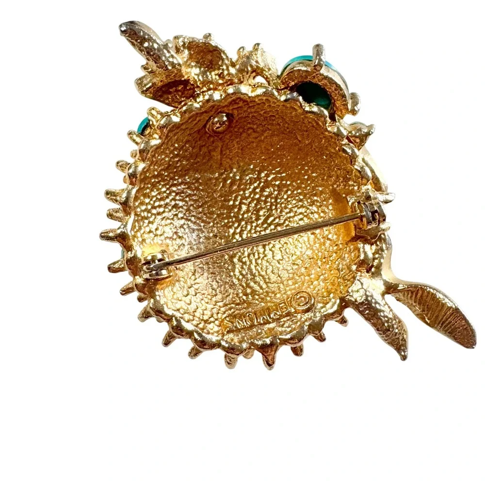 Vintage Emmons Brooch Mid Century Modern Gold Tone Turquoise Blue Bead Brutalist
